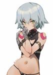  armband bandaged_arm bandages bangs black_panties blush breasts closed_mouth contrapposto eyebrows_visible_through_hair fate/apocrypha fate_(series) grey_hair hair_between_eyes halter_top halterneck hands_up jack_the_ripper_(fate/apocrypha) looking_at_viewer navel olys panties scar scar_across_eye short_hair silver_hair simple_background small_breasts solo standing tsurime underwear upper_body white_background 