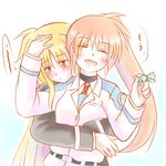  blonde_hair brown_hair candy couple fate_testarossa happy hug long_hair lyrical_nanoha mahou_shoujo_lyrical_nanoha mahou_shoujo_lyrical_nanoha_strikers mahou_shoujo_lyrical_nanoha_vivid pout school_uniform side_ponytail simple_background smile takamachi_nanoha uniform wara_neko waraneko white_background yuri 