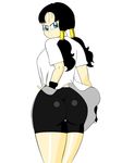  1girl angry ass back_turned black_hair blue_eyes chaoschrome dragon_ball fingerless_gloves gloves hand_on_hip looking_at_viewer shorts solo twintails videl white_shirt wide_hips 