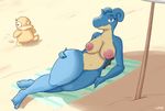  4_toes anthro beach better_version_at_source big_breasts blue_eyes breasts catnapstar female female_focus looking_at_viewer lying nintendo nipples nude on_side pok&eacute;mon pok&eacute;mon_(species) psyduck sand seaside smile thick_thighs toes towel umbrella video_games wide_hips 