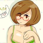  &gt;_&lt; 1girl absurdres beige_background blush blush_stickers bra breasts brown_hair cleavage dizzytizzy envelope eyebrows_visible_through_hair female glasses green_bra hand_on_own_chest hand_up large_breasts nikki_(swapnote) nintendo red-framed_eyewear shiny_skin short_hair simple_background smile solo swapnote underwear underwear_only upper_body wings 