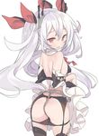  ass azur_lane bare_shoulders black_legwear black_panties blade_(galaxist) breasts chain commentary cowboy_shot detached_sleeves dress dress_lift fang from_behind garter_belt hair_ornament heart long_hair looking_at_viewer looking_back open_mouth panties panty_pull red_eyes simple_background slit_pupils small_breasts smile solo thighhighs twintails underwear vampire_(azur_lane) very_long_hair white_background white_hair 