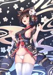  :d animal_ears azur_lane bell black_hair black_kimono blush breasts brown_eyes cat_ears cat_tail chahei covered_nipples cowboy_shot eyebrows_visible_through_hair fang floral_background groin hair_bell hair_ornament highres japanese_clothes jingle_bell kimono kimono_skirt mask mask_on_head medium_breasts navel open_mouth panties short_hair smile solo tail thighhighs underwear white_legwear white_panties yamashiro_(azur_lane) 