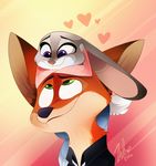  &lt;3 2016 abstract_background anthro black_nose blue_eyes canine crossed_arms dipstick_ears disney duo ears_down eye_contact female fox fur grainy green_eyes grey_fur hi_res judy_hopps lagomorph long_ears looking_down looking_up love male mammal nick_wilde on_head orange_fur purple_eyes rabbit signature size_difference smile vivzmind zootopia 