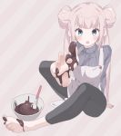  1girl apron ashigei_shoujo_komura-san bane_(haibanemumi) barefoot blue_eyes blush bowl chocolate feet hair_bun komurai_komura lavender_hair long_hair looking_at_viewer parted_lips soles toes 