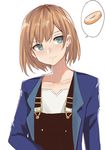  absurdres blue_eyes blue_jacket brown_hair collarbone commentary doughnut food frown highres jacket miyamori_aoi norman_maggot overalls shirobako short_hair simple_background solo speech_bubble spoken_food upper_body white_background 