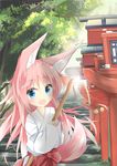  :d animal_ears bangs bell blue_eyes blush broom commentary_request day eyebrows_visible_through_hair fox_ears fox_girl fox_tail hakama head_tilt highres holding holding_broom japanese_clothes jingle_bell kushida_you long_sleeves looking_at_viewer miko moe2016 multiple_torii open_mouth original outdoors pink_hair red_hakama sleeves_past_wrists smile solo stairs stone_stairs tail torii tree wide_sleeves 