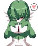  1girl blush breasts collarbone gardevoir green_hair half-closed_eyes hands_on_own_chest hands_up heart large_breasts looking_at_viewer narura navel no_humans pokemon pokemon_(creature) pokemon_rse red_eyes short_hair simple_background smile solo speech_bubble spoken_heart standing upper_body white_background 