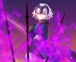  ahoge bad_id bad_pixiv_id blush breasts brown_eyes eyebrows_visible_through_hair fate/grand_order fate_(series) headpiece highres holding holding_sword holding_weapon jeanne_d'arc_(alter)_(fate) jeanne_d'arc_(fate)_(all) large_breasts looking_at_viewer parted_lips rossa_(pixiv27548922) short_hair smile solo sword weapon white_hair 