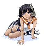  :d arm_support bangs bare_arms bare_legs bare_shoulders barefoot black_hair blue_swimsuit breasts dark_skin full_body headgear i-400_(kantai_collection) kantai_collection leaning_to_the_side long_hair looking_at_viewer medium_breasts one-piece_swimsuit open_mouth purple_eyes sailor_collar school_swimsuit shirt simple_background sitting sleeveless sleeveless_shirt smile solo swept_bangs swimsuit swimsuit_under_clothes tan tanline tareme tk8d32 very_long_hair white_background white_shirt yokozuwari 