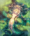  :p afloat algae blonde_hair breasts caustics cleft_of_venus commentary eyeshadow floating_hair forked_tongue from_above green green_eyes green_skin hands_in_hair highres lamia long_hair looking_at_viewer lying makeup medium_breasts monster_girl navel nipples nude on_back original outdoors partially_submerged perky_breasts puffy_nipples pussy scales slender_waist slit_pupils smile solo sparkle tongue tongue_out tsurime two-tone_skin uncensored very_long_hair water zoy 