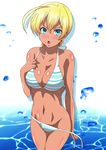  :o bikini blonde_hair blue_eyes blush breasts cleavage dark_skin groin hand_on_own_chest large_breasts looking_at_viewer mito_ikumi navel open_mouth panties panty_pull shokugeki_no_souma short_hair solo swimsuit underwear wardrobe_malfunction washizuka_shou water 