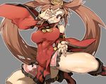  1girl abs bare_shoulders breasts brown_eyes brown_hair china_dress chinese_clothes fighting_stance fingernails full_body guilty_gear hair_ornament hairclip high_heel_boots kuradoberi_jam large_breasts long_hair matching_hair/eyes nail_polish pink_nails skirt solo teeth toned very_long_hair wide_sleeves ysk! 