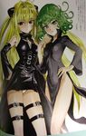  2girls black_dress blonde_hair blush breasts covered_navel dress eating food food_on_face green_eyes groin hand_on_hip konjiki_no_yami looking_at_viewer multiple_girls murata_yuusuke no_panties one-punch_man panties pantyshot pelvic_curtain small_breasts tatsumaki to_love-ru underwear white_panties 