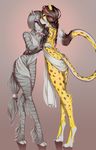  2017 anthro clothed clothing corset_piercing cybernetics cyborg duo feline female female/female fruitbloodmilkshake fur hand_on_hip hands_behind_back hi_res leopard machine mammal piercing rear_view simple_background skimpy smile spots spotted_fur standing striped_fur stripes surface_piercing tail_ring toeless_(marking) 