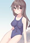  bangs blue_swimsuit blush breasts brown_eyes brown_hair competition_school_swimsuit covered_navel eyebrows_visible_through_hair groin hair_between_eyes highleg highleg_swimsuit highres impossible_clothes impossible_swimsuit legs_together long_hair looking_at_viewer medium_breasts mizuki_eiru_(akagi_kurage) one-piece_swimsuit original parted_lips school_swimsuit sidelocks sitting solo swimsuit thighs 