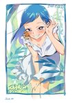  adjusting_hair animal animal_on_shoulder bangs bare_arms bent_over blue_border blue_hair blush border bright_pupils copyright_name cowboy_shot dated dress fukushi_ryouhei grin hair_tucking highres ichijiku_yuri leaf leaning_forward lizard long_hair looking_at_viewer madonna_wa_glass_case_no_naka mole mole_under_eye outdoors purple_eyes signature smile solo standing sundress tree white_dress 