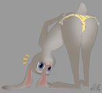  2016 :&lt; anthro ass_up bent_over blue_eyes blush butt claws clothed clothing disney female flat_chested fur grey_background grey_fur hand_on_butt hands_on_hips hi_res judy_hopps komissar_bav lagomorph long_ears looking_at_viewer mammal panties panty_pull purple_eyes rabbit simple_background solo standing surprise toe_claws topless underwear undressing zootopia 