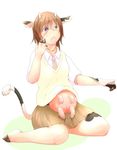  2015 animal_humanoid blue_eyes bovine brown_hair cattle clothing female hair horn humanoid lactating mammal mikazuki162 open_mouth shirt simple_background sitting skirt solo tears teats transformation udders white_background 