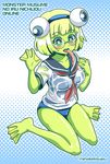  anura_(monster_musume) blush breasts copyright_name frog_girl full_body glasses green_eyes green_hair green_skin headband long_tongue looking_at_viewer medium_breasts monster_girl monster_musume_no_iru_nichijou monster_musume_no_iru_nichijou_online one-piece_swimsuit sailor_collar scarf school_swimsuit shake-o shirt short_hair sitting solo swimsuit swimsuit_under_clothes tongue twitter_username wariza waving webbed_feet webbed_hands wet wet_clothes wet_shirt 