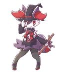  1girl adjusting_hat alternate_color animal_ears aquacua arm_up artist_name black_hat bow braixen claws detached_sleeves feet female fox_ears fox_tail full_body furry hat legs_apart looking_at_viewer no_humans paws pigeon-toed pokemon pokemon_(creature) pokemon_xy purple_ribbon red_bow red_eyes red_footwear ribbon shiny_pokemon shoes signature simple_background smile solo standing stick tail text white_background witch_hat 