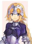  armor blonde_hair blue_eyes braid breasts chain fate/apocrypha fate_(series) faulds gauntlets headpiece jeanne_d'arc_(fate) jeanne_d'arc_(fate)_(all) large_breasts light_smile long_hair looking_at_viewer pink_background plackart shovelwell simple_background single_braid solo standard_bearer 