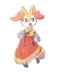  1girl animal_ears aquacua artist_name blush braixen fangs feet female fox_ears fox_tail frilled_skirt full_body furry hands_on_hips legs_apart long_sleeves looking_to_the_side no_humans open_mouth paws pigeon-toed pokemon pokemon_(creature) pokemon_xy red_eyes red_skirt signature simple_background skirt smile solo standing tail teeth text white_background 