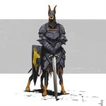  4_fingers absurd_res armor canine canine_taur clothed clothing digital_media_(artwork) doberman dog gauntlets gloves hi_res looking_at_viewer male mammal medieval melee_weapon nikita_orlov shield simple_background solo standing sword taur weapon 