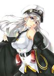  azur_lane bangs belt black_belt black_coat breasts commentary_request enterprise_(azur_lane) eyebrows_visible_through_hair hair_between_eyes hat highres jacket large_breasts long_hair looking_at_viewer necktie open_clothes open_jacket peaked_cap purple_eyes shirt silver_hair simple_background skirt sleeveless smile solo user_tugd3234 very_long_hair white_background 