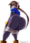  1girl aile ass blush bodysuit brown_hair cameltoe capcom embarrassed fingerless_gloves from_behind from_below gloves green_eyes huge_ass long_hair looking_at_viewer looking_back looking_down open_mouth ponytail radlionheart radlionheart17 rockman rockman_zx rockman_zx_advent shiny shiny_clothes shiny_hair short_shorts shorts smile solo sweatdrop transparent_background very_long_hair 