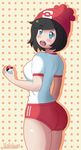  1girl ass bangs black_hair blue_eyes breasts buruma gym_uniform hat highres kunaless mizuki_(pokemon_sm) open_mouth pokeball pokemon pokemon_(game) pokemon_sm red_hat red_shorts short_hair white_shirt 