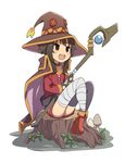  :d bandaged_leg bandages belt black_hair boots brown_hair button_eyes cape collar dress fingerless_gloves gloves hat holding holding_staff kono_subarashii_sekai_ni_shukufuku_wo! megumin mismatched_legwear mushroom nana-ine open_mouth red_dress red_eyes short_hair_with_long_locks single_thighhigh sitting smile solo staff thighhighs tree_stump white_background witch_hat 