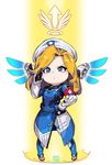  armband artist_name blonde_hair blue_eyes blue_wings chibi combat_medic_ziegler dated dress frown hand_on_hip hat highres l.wolf mechanical_wings mercy_(overwatch) overwatch pigeon-toed salute solo spread_wings wings 