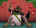  2017 anthro breasts candy candy_cane canine christmas clothed clothing convenient_censorship demon digital_media_(artwork) doberman dog food gift hellhound holidays horn legwear looking_at_viewer male mammal mistletoe ornaments pine plant sevenarms smile solo stockings 