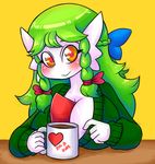  1girl :&gt; alternate_hairstyle areola_slip areolae basketgardevoir blue_bow blush bow braid breasts cleavage coffee cup drink french_braid gardevoir green_hair green_sweater hair_bow hair_ornament hands_up heart highres large_breasts long_hair long_sleeves looking_at_viewer mug no_bra no_humans orange_eyes pink_bow pokemon pokemon_(creature) pokemon_rse simple_background smile solo sweater sweater_pull table text tied_hair twin_braids upper_body yellow_background 