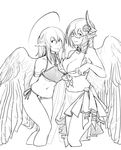  angel_wings armband bare_shoulders bikini breasts cleavage closed_mouth collar cropped_legs flower glasses greyscale hair_between_eyes hair_flower hair_ornament halo haohi_(less) highres horns large_breasts less long_hair looking_at_viewer monochrome multiple_girls navel original pointy_ears ponytail semi-rimless_eyewear side-tie_bikini simple_background smile standing swimsuit under-rim_eyewear underboob white_background wings 