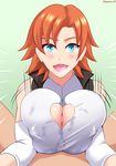  1girl :d between_breasts blue_eyes blush breasts cleavage cleavage_cutout clothed_sex erect_nipples heart_cutout hetero large_breasts nora_valkyrie orange_hair paizuri penis pov rwby short_hair 