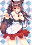  animal_ears bare_shoulders breasts brooch brown_hair cleavage commentary_request dress foreshortening highres imaizumi_kagerou jewelry large_breasts looking_at_viewer mutou_(94753939) off-shoulder_dress off_shoulder open_mouth pointing pointing_at_viewer solo tail touhou wolf_ears wolf_tail 