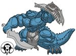  abs anthro big_bulge big_claws big_pecs blue_scales bulge claws clothing crocodile crocodilian huge_muscles hyper hyper_muscles loincloth melee_weapon muscular nipples pecs pose reptile scales scalie shield sword thick_arms thick_legs thick_thighs weapon xatanlion 