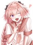  astolfo_(fate) bad_id bad_pixiv_id black_bow blush bow braid collarbone eyebrows_visible_through_hair fate/apocrypha fate/grand_order fate_(series) hair_bow heart highres long_hair looking_at_viewer male_focus multicolored_hair one_eye_closed open_mouth otoko_no_ko pink_hair pink_neckwear rossa_(pixiv27548922) smile solo upper_body white_hair 