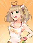  blush breasts brown_hair cleavage collarbone emphasis_lines eyebrows_visible_through_hair green_eyes idolmaster idolmaster_cinderella_girls kamille_(vcx68) large_breasts looking_at_viewer open_mouth orange_background satou_shin short_hair short_twintails simple_background smile solo twintails upper_body 