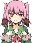  black_hair colored_tips eyebrows_visible_through_hair frown fur-trimmed_sleeves fur_trim green_jacket highres jacket kantai_collection kunashiri_(kantai_collection) long_sleeves looking_at_viewer multicolored_hair namaata neck_ribbon orange_eyes pink_hair red_neckwear red_ribbon ribbon school_uniform serafuku short_hair simple_background solo tsurime two-tone_hair two_side_up upper_body white_background 