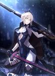  akamiso_(k074510) artoria_pendragon_(all) artoria_pendragon_(swimsuit_rider_alter) blonde_hair braid fate/grand_order fate_(series) gun highres jacket_on_shoulders kneeling navel_cutout night rain reflection rifle solo sword tiara water_drop weapon yellow_eyes 