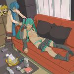  1girl aqua_hair au_(autlaws) black_footwear black_legwear blood blue_eyes blue_hair blue_scarf boots bow bow_panties breasts cameo can cellphone chips couch detached_sleeves food green_panties hatsune_miku kagamine_len kagamine_rin kaito legs long_hair lying md5_mismatch miniskirt necktie nipples nosebleed on_back panties panty_pull phone pillow scarf skirt skirt_pull sleep_molestation sleeping small_breasts smile snack striped striped_panties stuffed_toy thigh_boots thighhighs thighhighs_pull topless underwear undressing vocaloid you_gonna_get_raped 