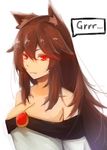  absurdres animal_ears breasts brooch brown_hair cleavage collarbone dress expressionless fang highres imaizumi_kagerou jewelry large_breasts long_hair long_sleeves red_eyes shirosama_(olheat) simple_background solo speech_bubble touhou white_background wide_sleeves wolf_ears 