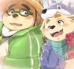  2017 anthro bear blush canine cusith dog duo eyewear glasses halloween hat holidays male mammal one_eye_closed overweight overweight_male straw_hat tokyo_afterschool_summoners volos wink 