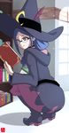  absurdres black_dress black_footwear blue_hair book boots choker chris_re5 crescent dress full_body glasses hair_over_shoulder hat hat_feather highres holding holding_book hood knee_boots little_witch_academia reading red_eyes signature smile solo sparkle squatting ursula_charistes witch_hat 