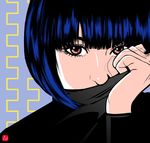  bangs blue_hair chris_re5 covered_mouth eyebrows eyelashes face highres original pink_eyes signature solo turtleneck 