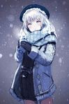  :o bangs black_gloves camera commentary_request cowboy_shot cup gloves hat highres holding holding_cup long_sleeves looking_at_viewer original outdoors pantyhose scarf shiabisu silver_eyes silver_hair snowing solo sweater unzipped winter winter_clothes 