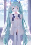  absurdly_long_hair absurdres blue_eyes blue_hair blush breasts collarbone eyebrows_visible_through_hair hatsune_miku highres kneehighs large_breasts long_hair looking_at_viewer parted_lips school_swimsuit sitting solo swimsuit twintails very_long_hair vocaloid white_legwear youga 